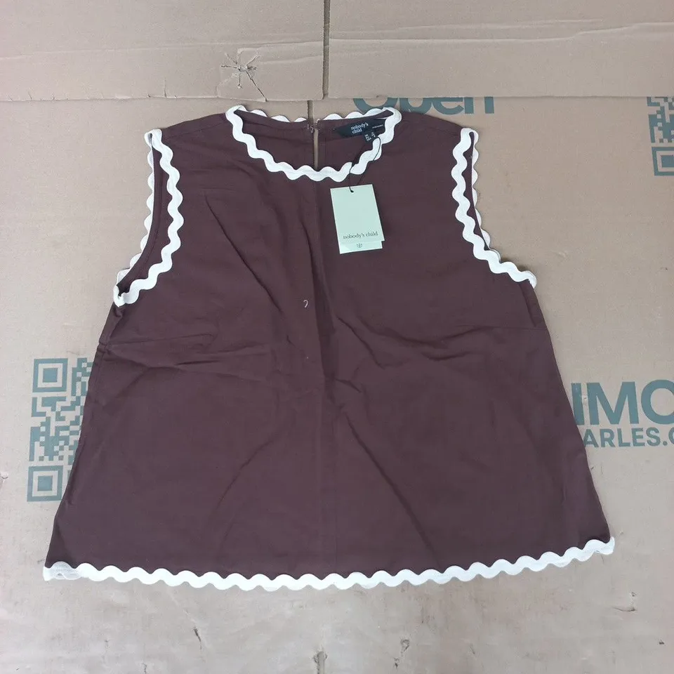 NOBODY'S CHILD RIC RAC TRIM SLEEVELESS SWING TOP IN CHOCOLATE BROWN SIZE UK 12