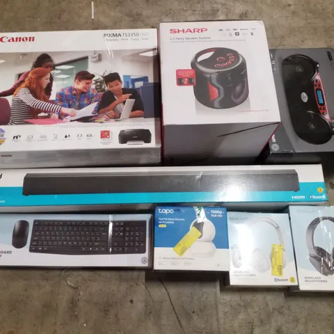 PALLET CONTAINING ASSORTED ELECTRICAL PRODUCTS INCLUDING CANON PIXMA PRINTER, PARTY SPEAKER SYSTEM, CD BOOMBOX, SOUNDBAR & HOME SECURITY WIFI CAMERA
