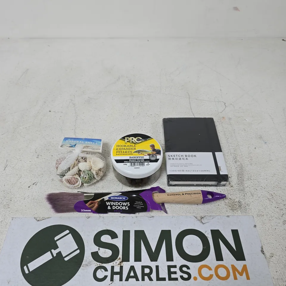 APPROXIMATELY 15 ASSORTED HOUSEHOLD PRODUCTS TO INCLUDE NATURAL SEASHELLS, MONARCH WINDOW AND DOORS PAINT BRUSH AND HOOKABLE EXPANDER PELLETS