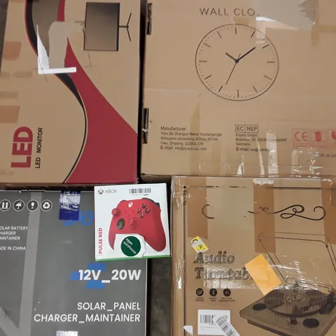 PALLET TO CONTAIN AN ASSORTMENT OF HOUSEHOLD ITEMS TO INCLUDE WALL CLOCKS, LED MONITOR, X BOX CONTROLLERS AND VINYL PLAYER ECT