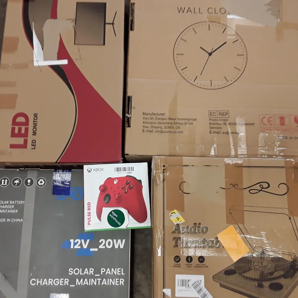 PALLET TO CONTAIN AN ASSORTMENT OF HOUSEHOLD ITEMS TO INCLUDE WALL CLOCKS, LED MONITOR, X BOX CONTROLLERS AND VINYL PLAYER ECT