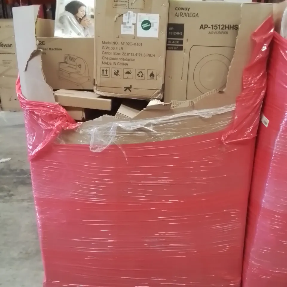 PALLET CONTAINING VARIOUS ASSORTED BOXED HOUSEHOLD ITEMS TO INCLUDE: OFFICE CHAIR, AIR PURIFIER, AIRFRYER, HEATED BLANKET AND LOTS MORE UNMARKED BOXED ITEMS 