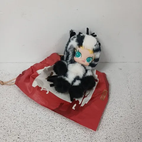 POP MART PLUSH TOY - BLACK & WHITE FAUX WITH BLUE EYES, RED DRAWSTRING BAG