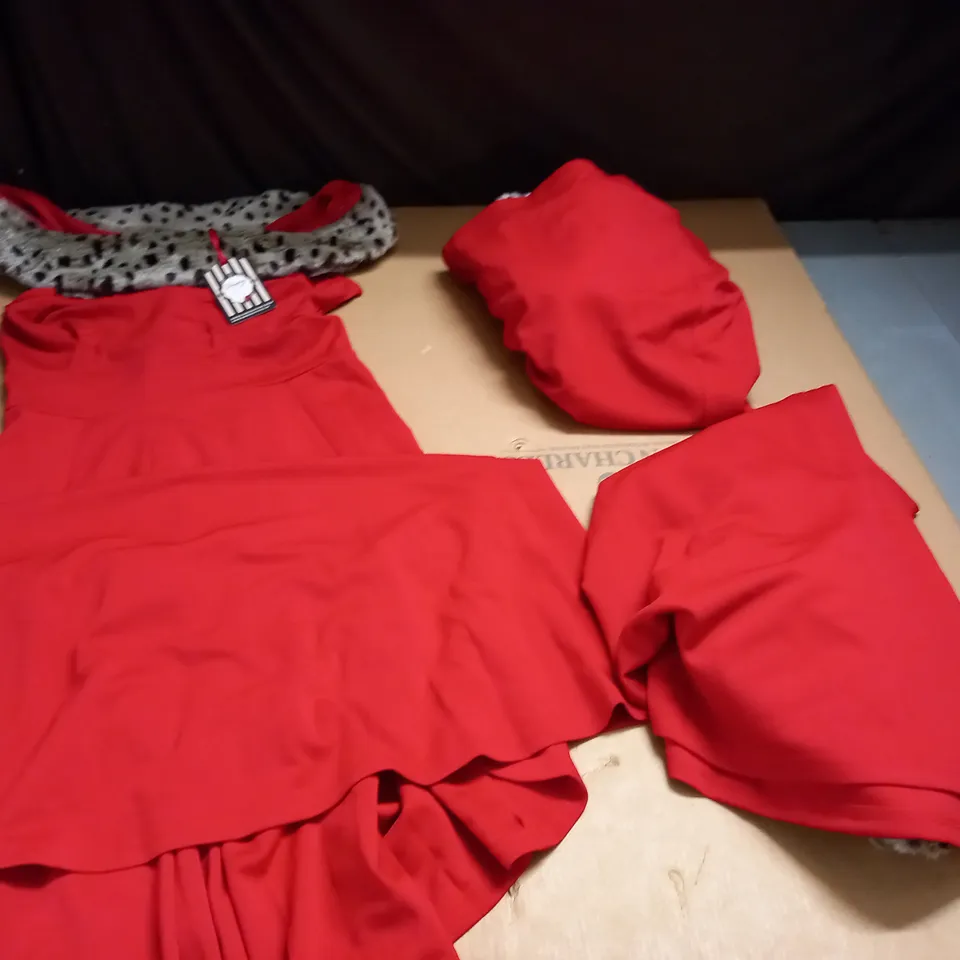 LOT OF 3 RED SLEEVELESS DRESSES WITH ANIMAL PRINT FAUX FUR TRIM - VARIOUS SIZES