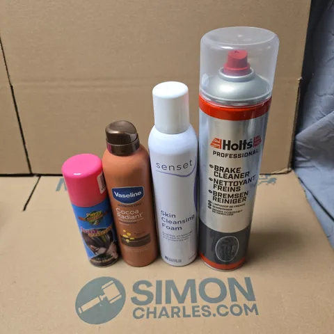 TOTE OF APPROXIMATELY 16 ASSORTED AEROSOL PRODUCTS TO INCLUDE HOLTS BREAK CLEANER, SENSET SKIN CLEANSING FOAM, VASELINE COCOA RADIANT BODY LOTION, PARTY SUCCESS HAIR COLOUR ETC