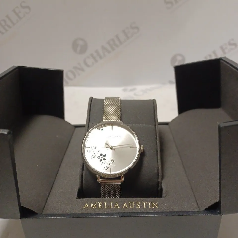 AMELIA AUSTIN SMALL FLOWER DETAILED SILVER WATCH BOXED 