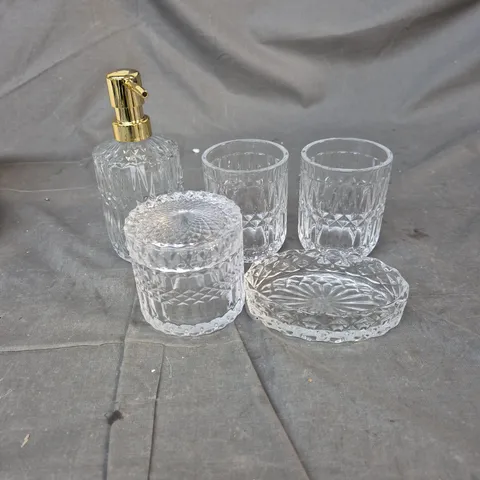 CRYSTAL GLASSWARE SET - CUT-CRYSTAL DECANTER WITH GOLD PUMP, TUMBLERS, JAR AND TRAY