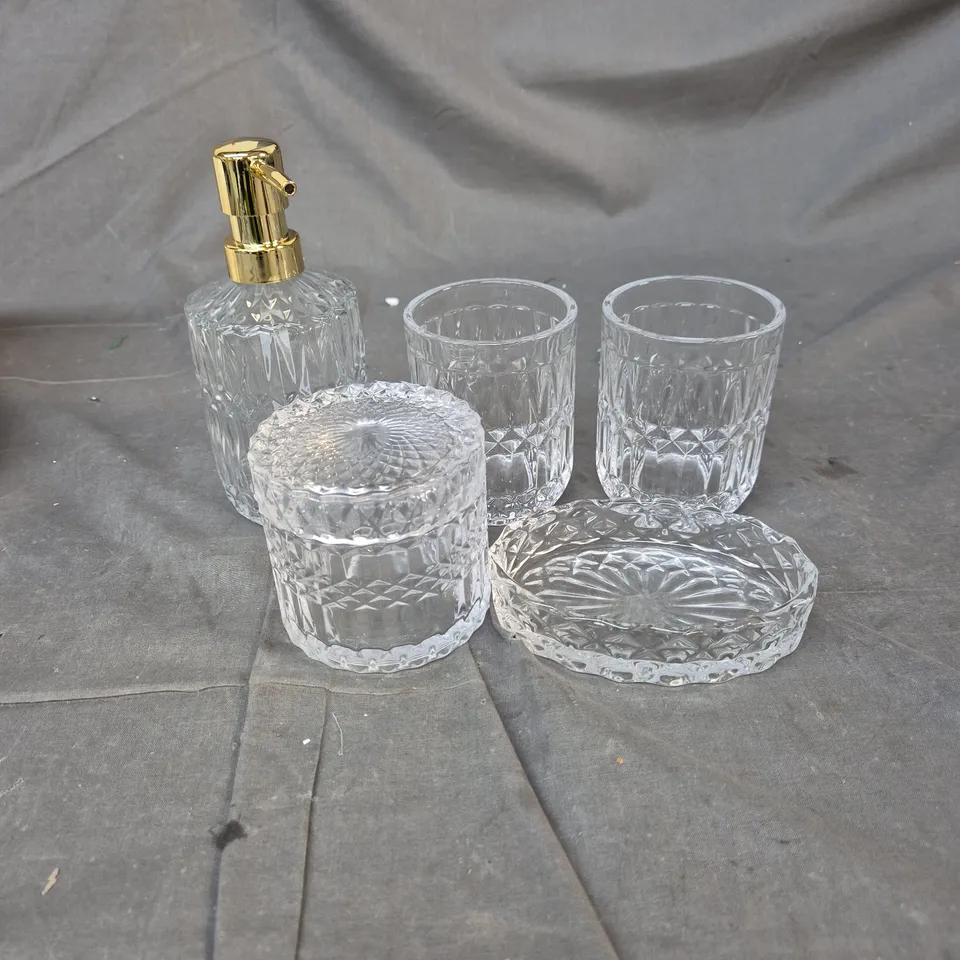 CRYSTAL GLASSWARE SET - CUT-CRYSTAL DECANTER WITH GOLD PUMP, TUMBLERS, JAR AND TRAY