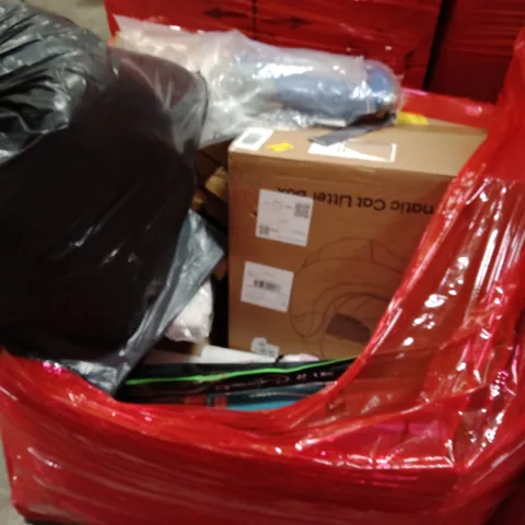 PALLET OF ASSORTED HOUSEHOLD GOODS AND PRODUCTS TO INCLUDE;EASY RISER SLING, AUTOMATIC CAT LITTER BOX, FISHING ROD