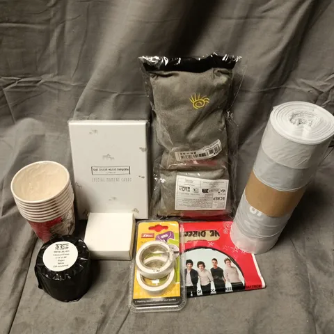 APPROXIMATELY 12 ASSORTED HOUSEHOLD ITEMS TO INCLUDE ONE DIRECTION PAPER CUPS, TL-TAPE, THE LITTLE WHITE COMPANY SPECIAL MOMENTS CARDS, ETC