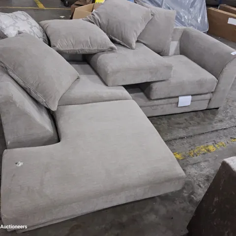 DESIGNER CHAISE SOFA WITH SCATTER CUSHIONS FAWN FABRIC