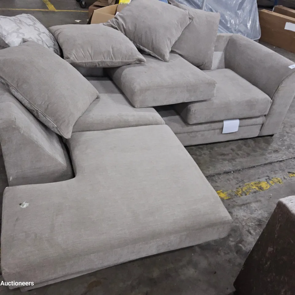 DESIGNER CHAISE SOFA WITH SCATTER CUSHIONS FAWN FABRIC