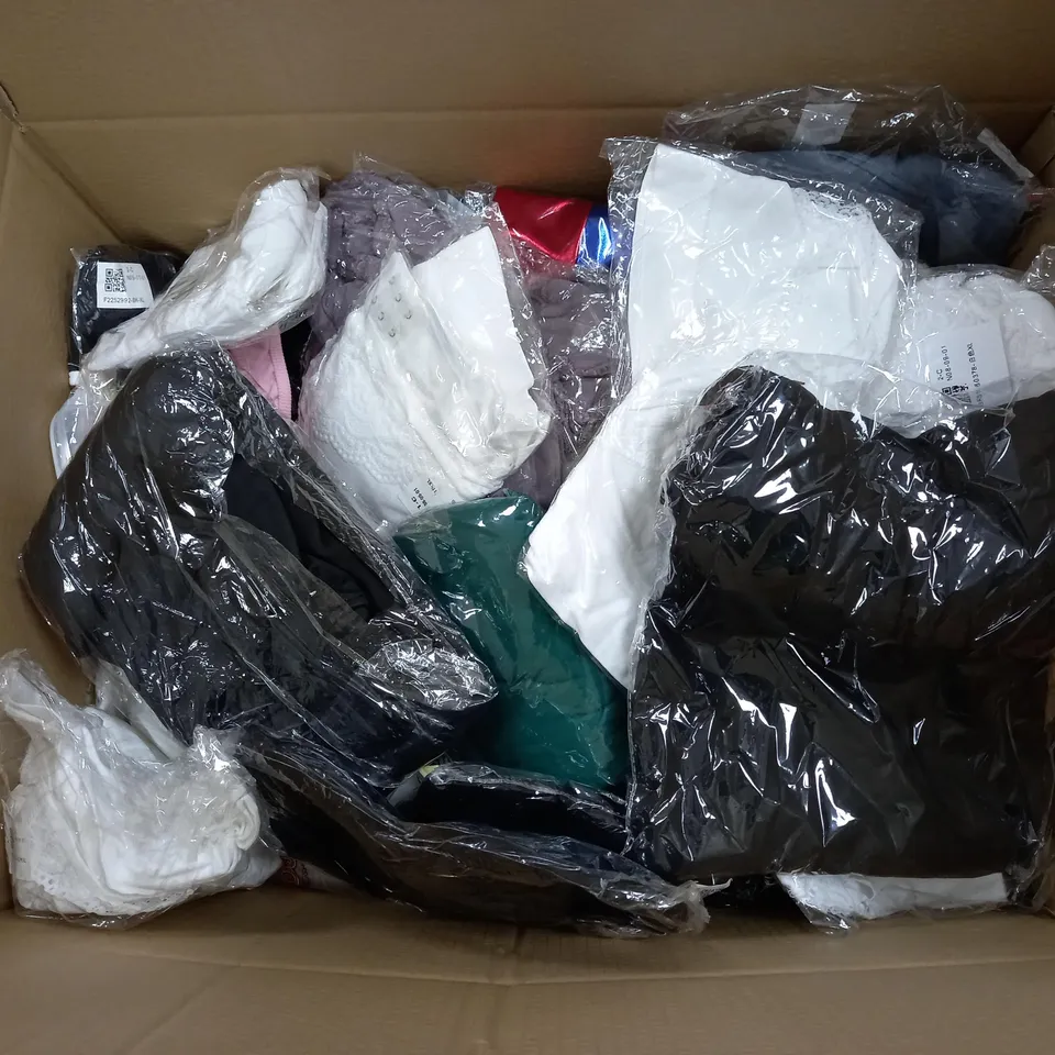 LARGE BOX OF ASSORTED CLOTHING ITEMS IN VARIOUS COLOURS AND SIZES INCLUDING TROUSERS , TOPS AND JUMPERS 