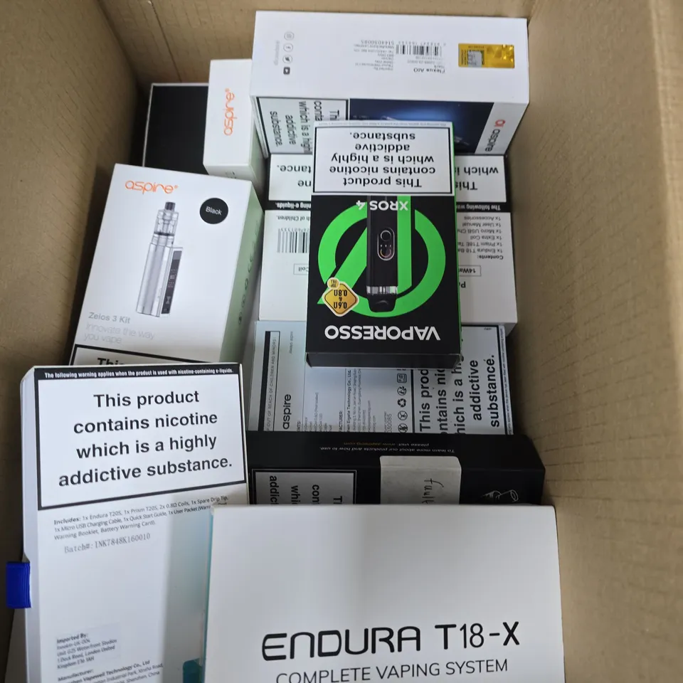 APPROXIMATELY 15 ASSORTED E-CIG PRODUCTS AND ACCESSORIES TO INCLUDE VAPORESSO, ASPIRE, ENDURA ETC 