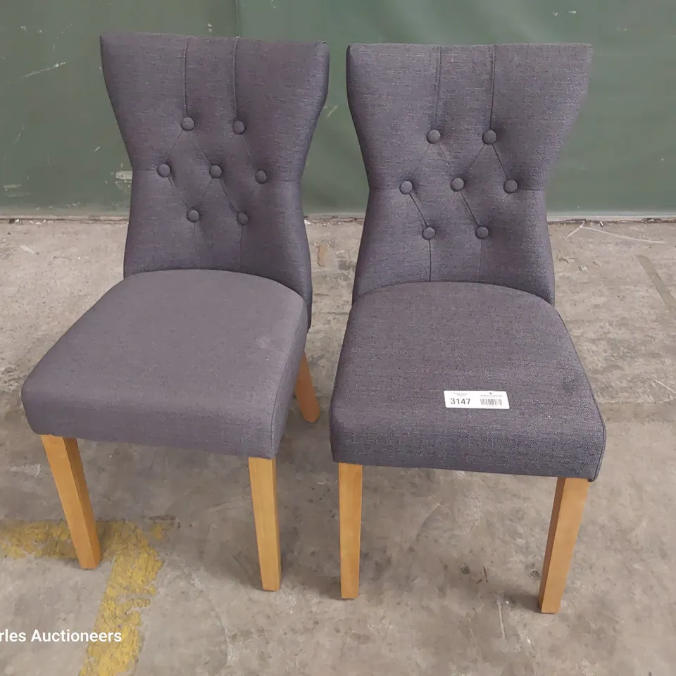 PAIR OF UPHOLSTERED BUTTONED BACK DINING CHAIRS CHARCOAL FABRIC ON NATURAL WOOD LEGS 