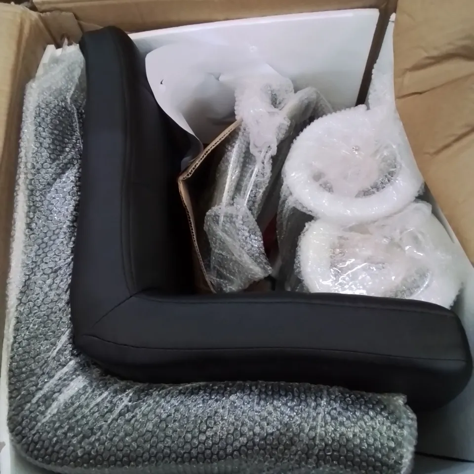 A BOXED PAIR OF BLACK FAUX LEATHER UPHOLSTERED HEIGHT ADJUSTABLE SWIVEL STOOL