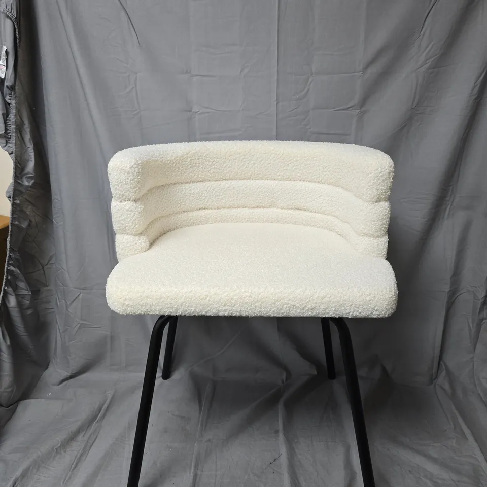 WHITE BOUCLE ACCENT CHAIR WITH BLACK METAL LEGS