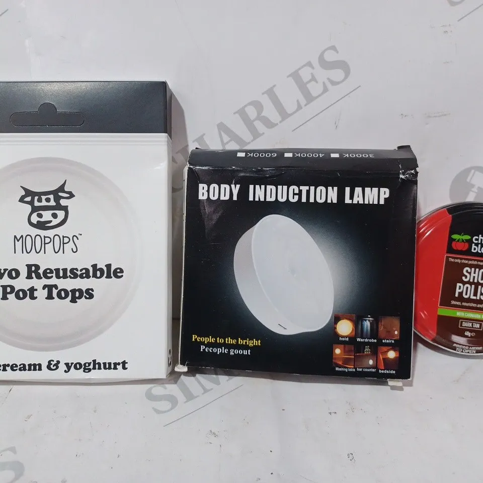 APPROXIMATELY 15 ASSORTED HOUSEHOLD ITEMS TO INCLUDE SHOE POLISH, BODY INDUCTION LAMP, TWO REUSABLE POT TOPS, ETC