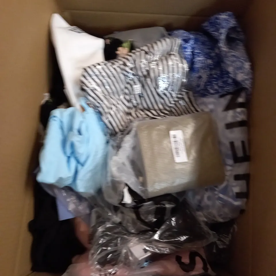  BOX OF ASSORTED CLOTHING ITEMS TOO INCLUDE DRESSES , SHIRTS AND TROUSERS IN VARIOUS SIZES AND COLOURS   