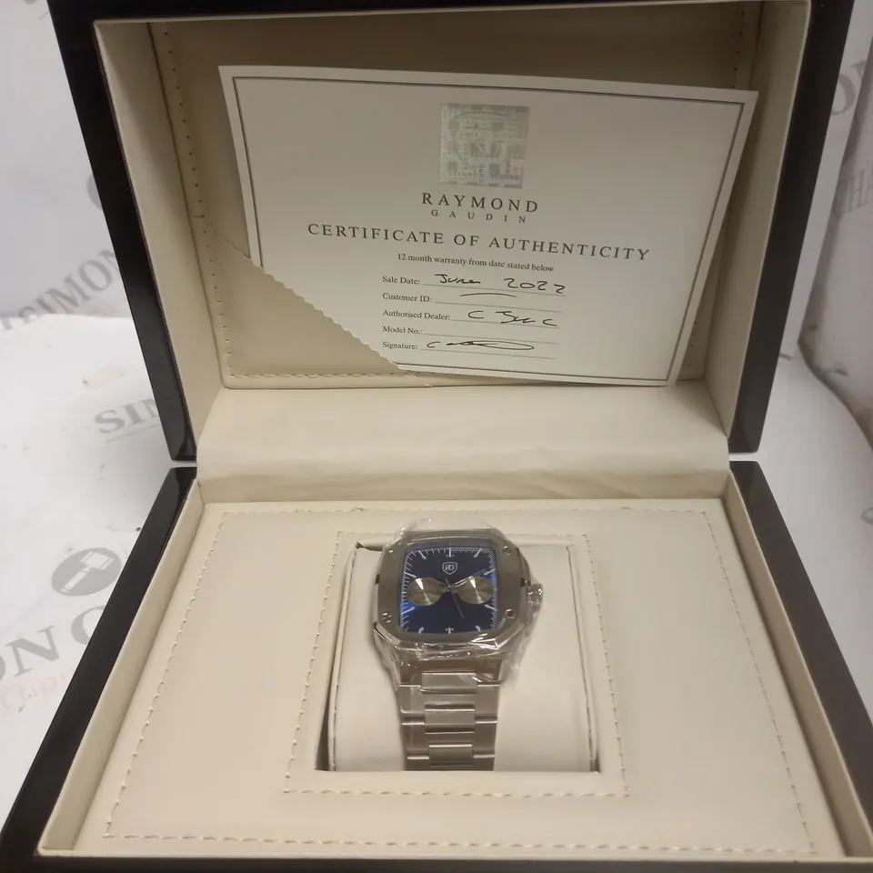 MENS RAYMOND GAUDIN WATCH – MULTI FUNCTION DIAL – STAINLESS CASE & STRAP – 5ATM WATER RESISTANT - WOODEN GIFT BOX