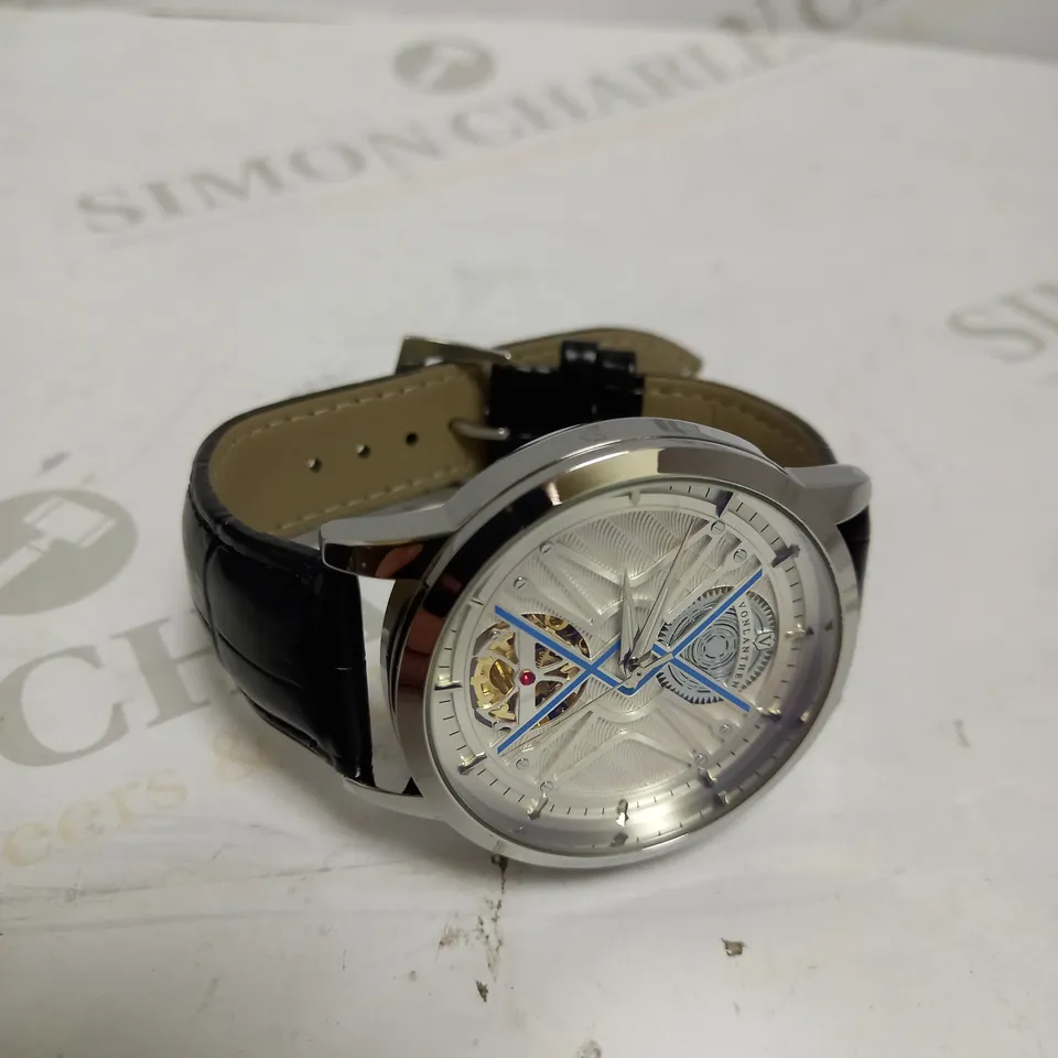 MENS VONLANTHEN AUTOMATIC WATCH – SILVER AND BLUE TEXTURED DIAL - GLASS EXHIBITION BACKCASE – BLACK LEATHER STRAP