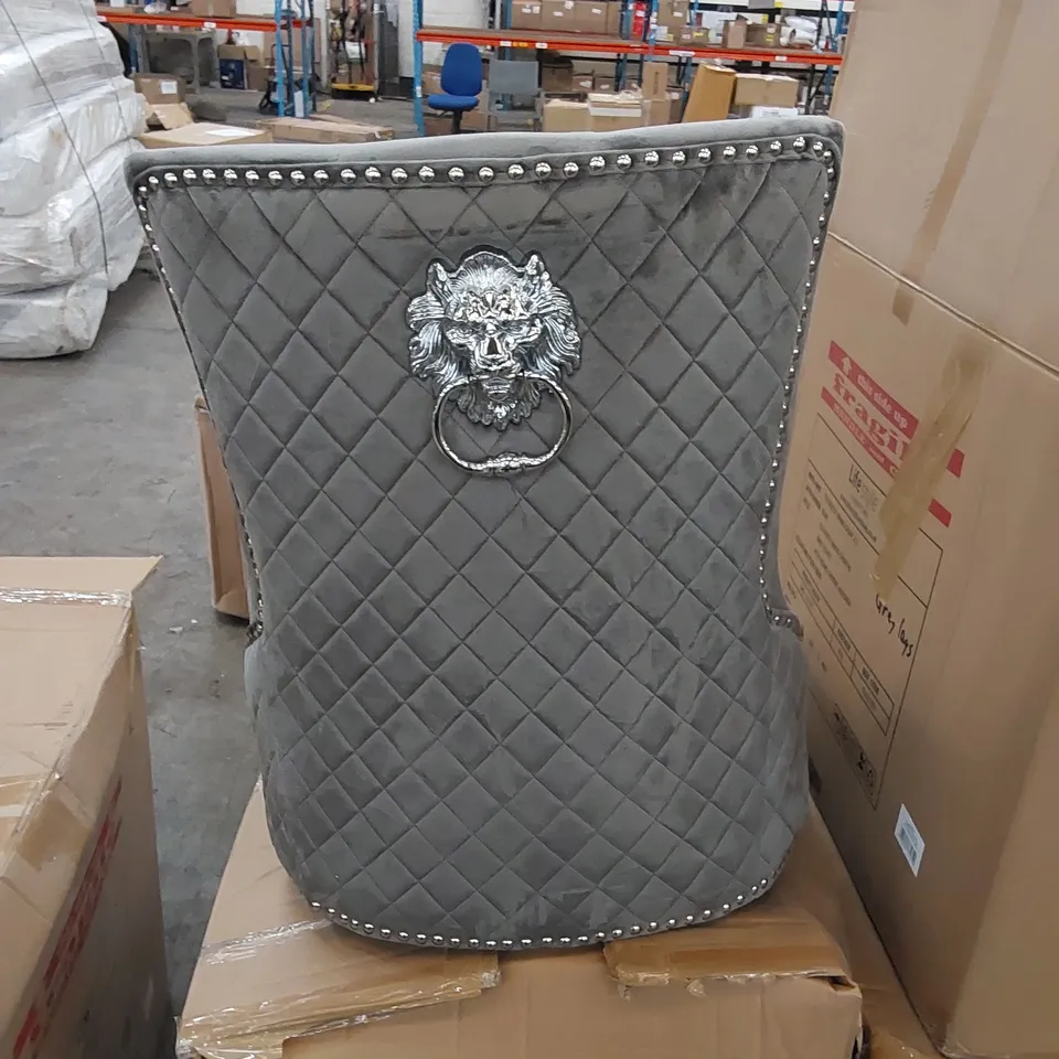 BOXED SANDHURST DINING CHAIR IN GREY VELVET WITH LION HEAD CHROME KNOCKER AND OAK LEGS - SET OF 2