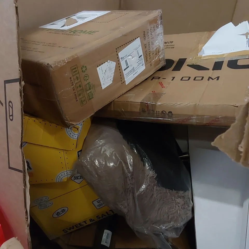PALLET OF ASSORTED HOUSEHOLD ITEMS AND CONSUMER PRODUCTS. INCLUDING; TOWEL RACKS, SOIL SAMPLERS, POPCORN, BOXED FURNITURE ETC 