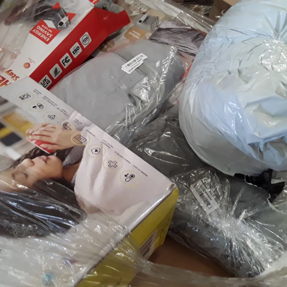 PALLET CONTAINING AN ASSORTMENT OF HOUSEHOLD ITEMS TO INCLUDE HEATED FOOT WARMER, SMART HEATED VEST AND ELECTRIC BLANKETS ECT