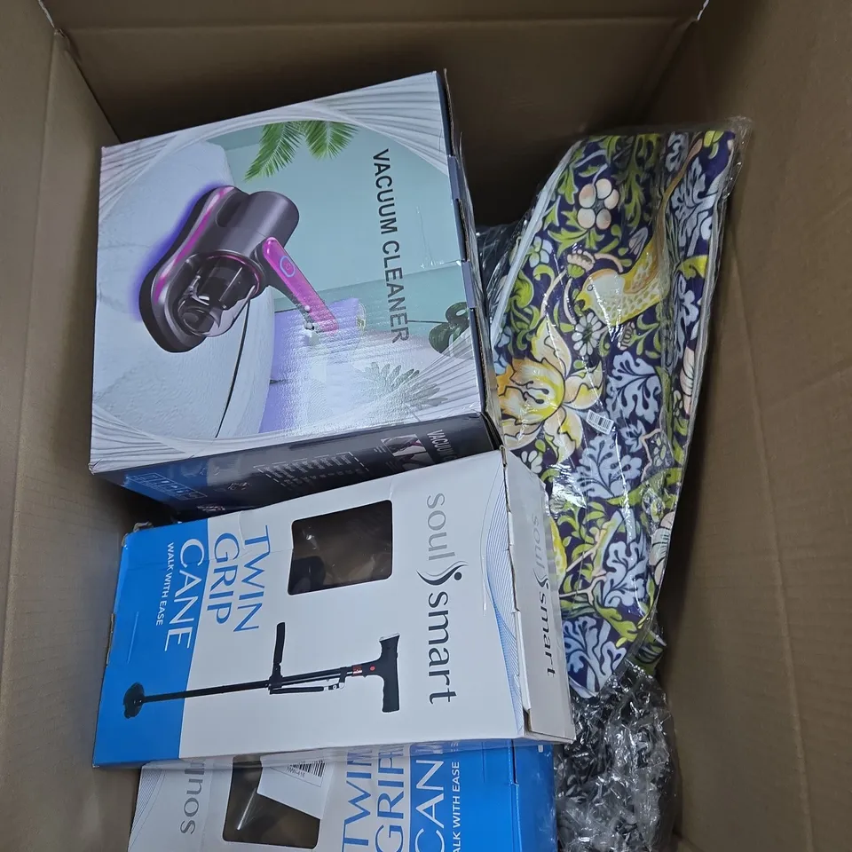 LARGE BOX OF APPROXIMATELY 10 ASSORTED ITEMS TO INCLUDE CLOTHING, MINI VACUUM CLEANER AND TWIN GRIP CANE 