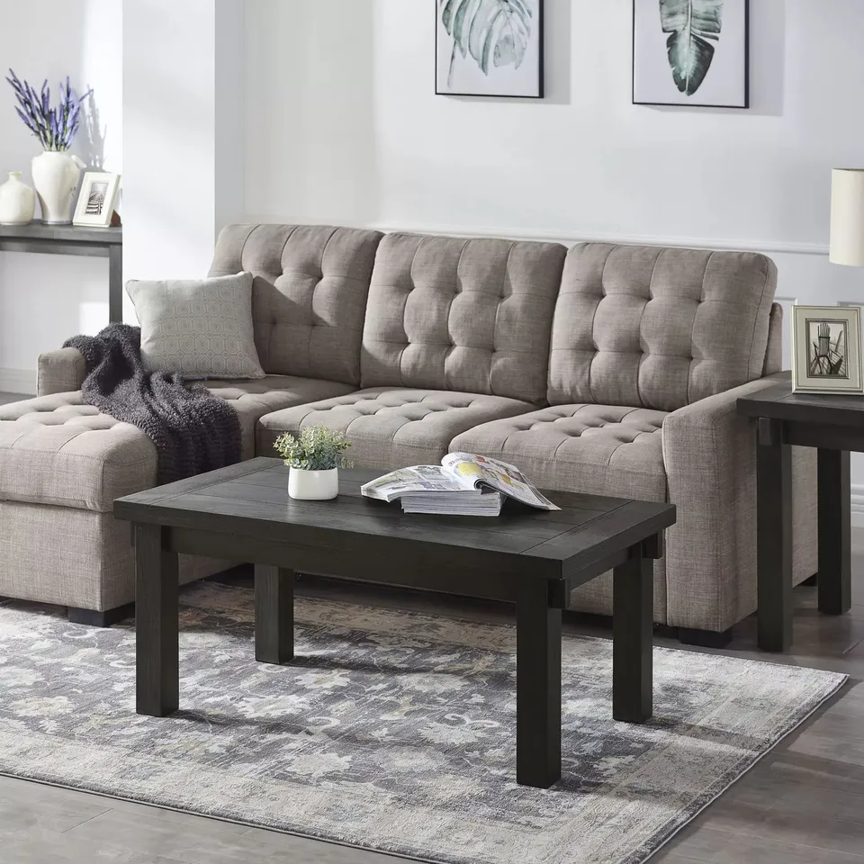 BRAND NEW BOXED COTTAGE FARMHOUSE COCKTAIL COFFEE TABLE, TOBACCO BLACK (1 BOX)