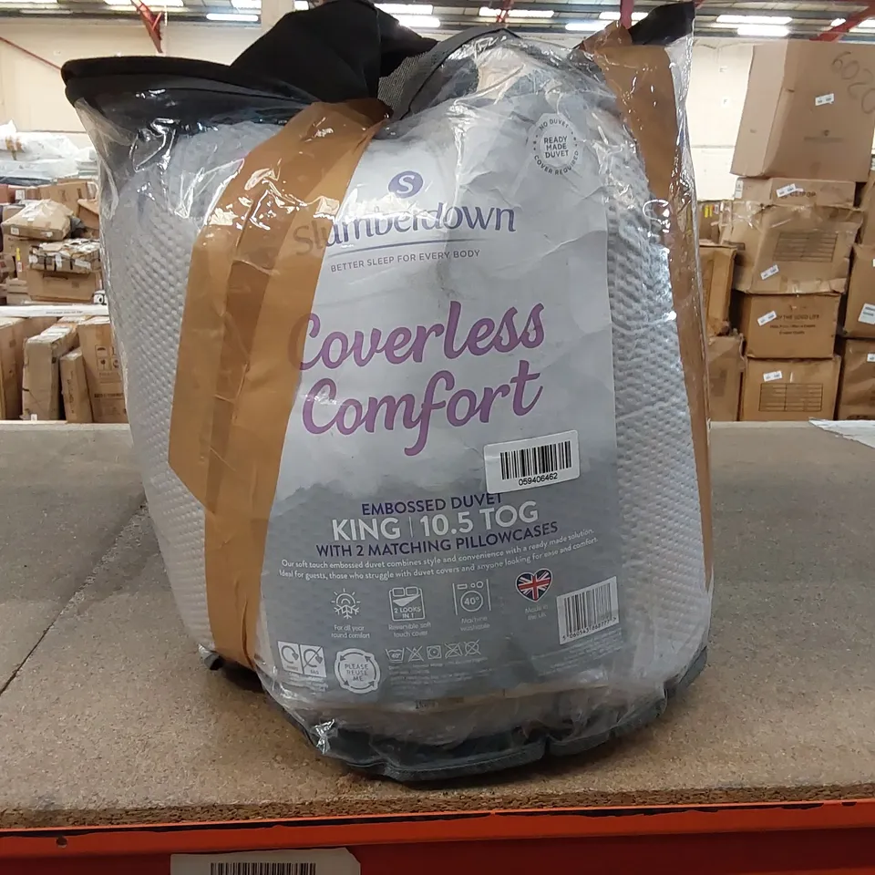 BAGGED SLUMBERDOWN COVERLESS COMFORT 10.5 TOG KING SIZED EMBOSSED DUVET WITH 2 MATCHING PILLOWCASES (1 ITEM)