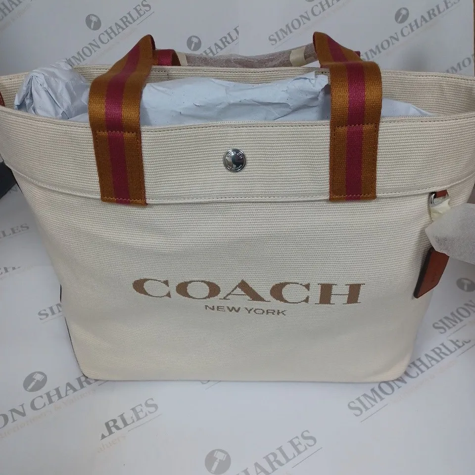 COACH LARGE WOVEN LOGO CONTRAST HANDLE HANDBAG IN BEIGE 