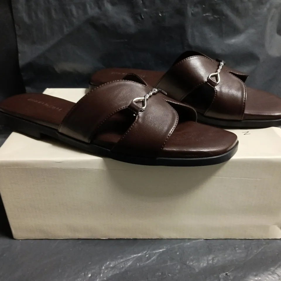 BOXED PAIR OF NAKEDSOL OPEN TOE SLIDERS IN DARK BROWN SIZE EU 39