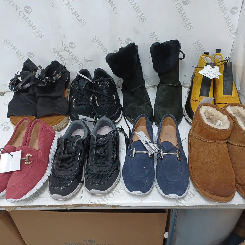BOX OF ASSORTED CLOTHING ITEMS TOO INCLUDE TOPS , TRAINERS, AND PANTS ETC. 