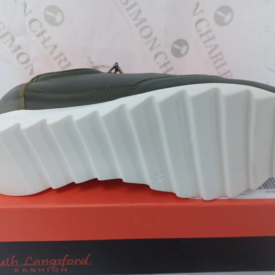 RUTH LANGSFORD WEDGE TRAINER IN KHAKI - SIZE 38