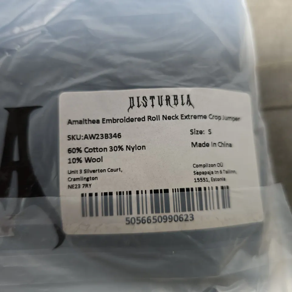 DISTURBIA AMALTHEA EMBROIDERED ROLL-NECK EXTREME CROP JUMPER – SIZE S