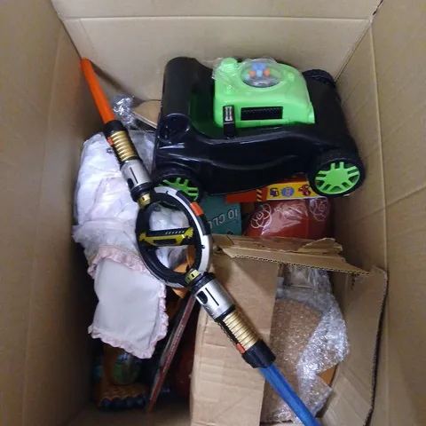 LARGE QUANTITY OF ASSORTED TOYS AND GAMES TO INCLUDE - SWORDS, BOXING GLOVES AND DINOSAURS