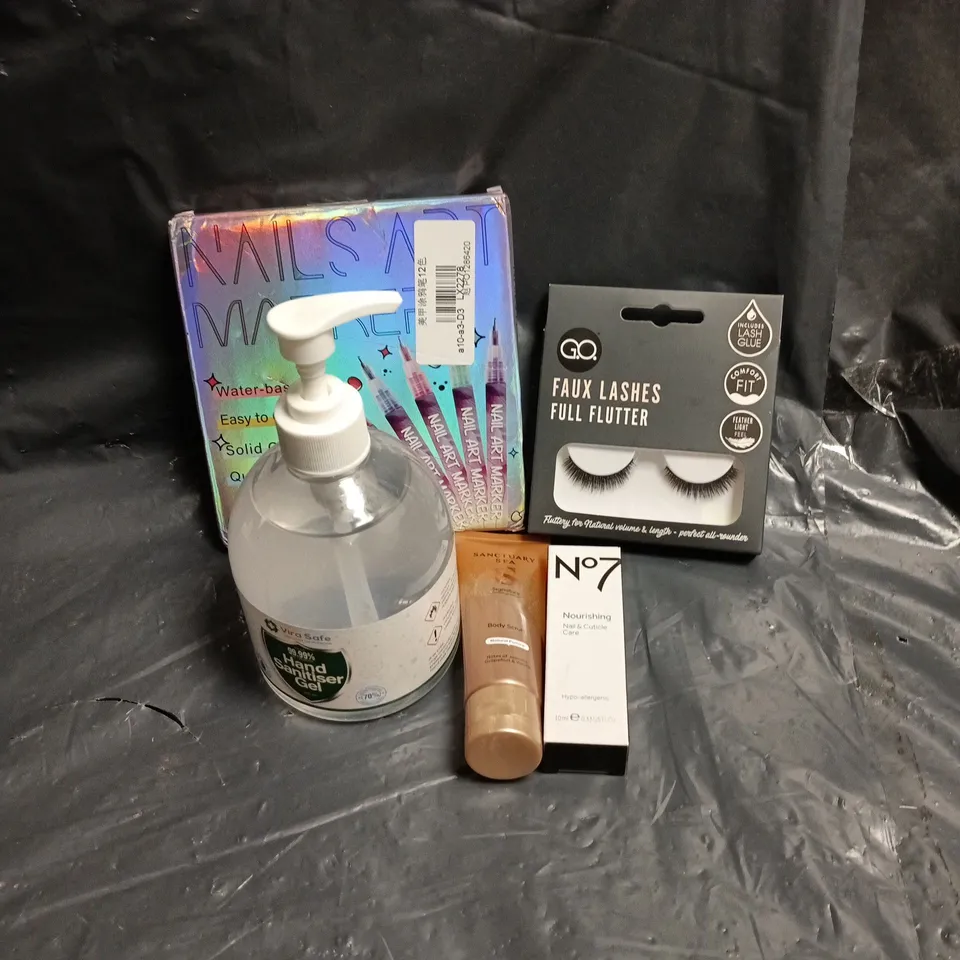 APPROXIMATELY 15 ASSORTED ITEMS OF COSMETICS INCLUDING FULL FLUTTER FAUX LASHES, NAIL ART SET, NO 7 NOURISHING NAIL AND CUTICLE CARE AND SANCTUARY SPA BODY SCRUB