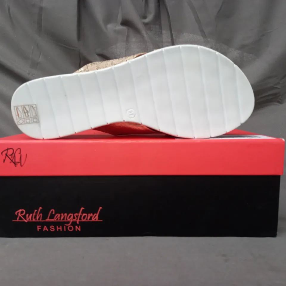 BOXED PAIR OF RUTH LANGSFORD FLAT SANDALS IN METALLIC CHAMPAGNE GOLD SIZE 5