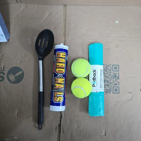 APPROXIMATELY 15 ASSORTED HOUSEHOLD PRODUCTS TO INCLUDE RECYCLING BAGS, HARD AS NAILS ADHESIVE, TENNIS BALLS, KITCHEN UTENSIL ETC 