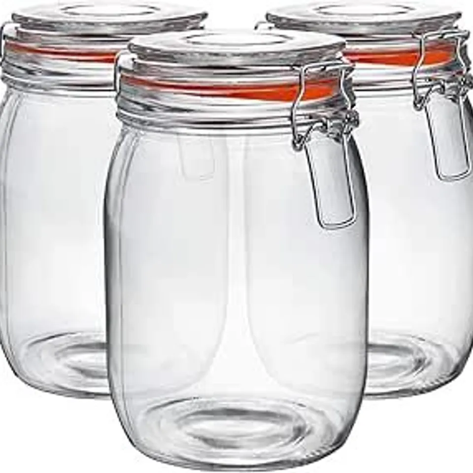 BOXED NEO PACK OF 3 CANISTERS TABLEWARE SCANDI GLASS STORAGE JARS WITH AIRTIGHT SILICONE SEAL METAL CLIP TOP LIDS