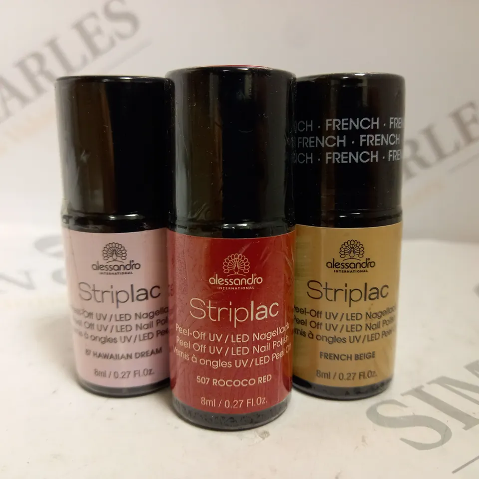 BOX OF APPROX 50 X 8ML ASSORTED ALESSANDRO STRIPLAC PEEL-OFF UV LED NAIL POLISH #87 HAWAIIAN DREAM, #507 ROCOCO RED, FRENCH BEIGE 