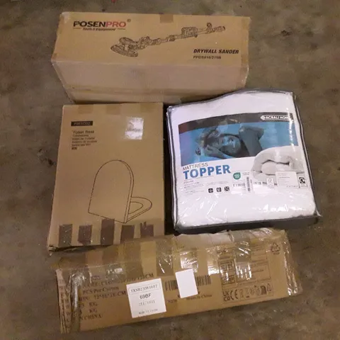 PALLET OF ASSORTED PRODUCTS INCLUDING DRYWALL SANDER, TOILET SEAT, MATTRESS TOPPER, CHRISTMAS TREE 120CM