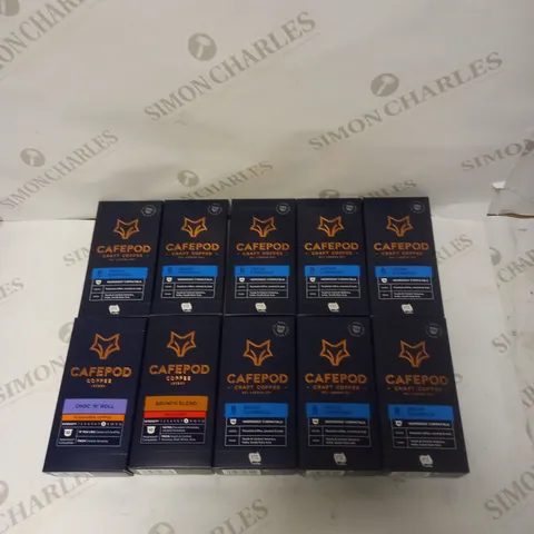 BOX OF 10 CAFEPOD COFFEE PODS (10 PODS PER BOX) TO CONTAIN DECAF ESPRESSO, CHOC 'N' ROLL & BRUNCH BLEND