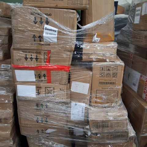 PALLET OF ASSORTED ITEMS TO INCLUDE MULTIPLE BOXED HARDWARE SHELLED LUGGAGE CASES, BABY HIGH CHAIR AND FLAT PACK FURNITURE