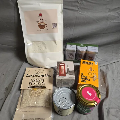 APPROXIMATELY 15 ASSORTED FOOD/DRINK PRODUCTS TO INCLUDE PILAU RICE, TEA, CHAI COOKIE MIX ETC 