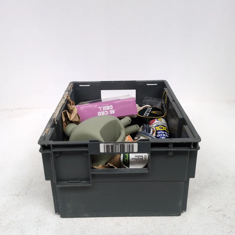 TOTE OF APPROXIMATELY 20 ASSORTED ITEMS TO INCLUDE CHILDRENS GARDENING SET, MICRO GRILL, ADHESIVE, CRUZCAMPO COASTER ETC