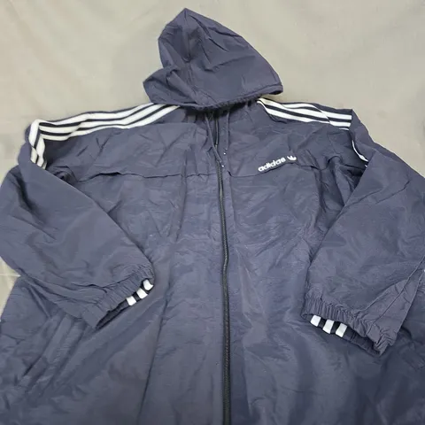 ADIDAS NAVY WINDBREAKER JACKET WITH HOOD AND 3-STRIPE SLEEVES SIZE L