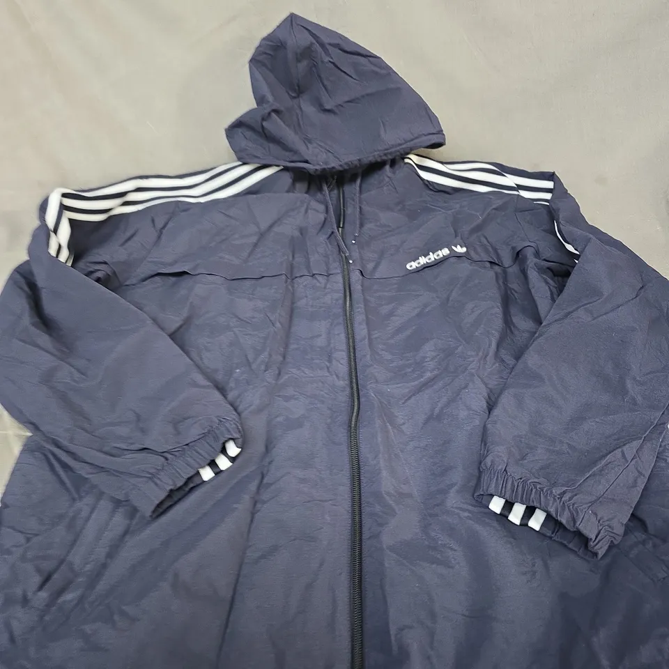 ADIDAS NAVY WINDBREAKER JACKET WITH HOOD AND 3-STRIPE SLEEVES SIZE L