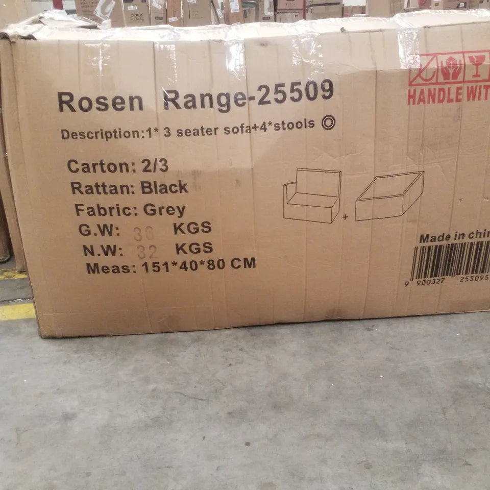 BOXED 9 SEATER RATTAN BLACK GREY FABRIC OUTDOOR SEATING (3 BOXES)